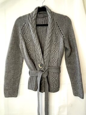 Private Industries Gray Cable Knit Belted Cardigan – Wool Blend – Size M (DE 40)
